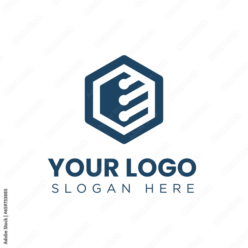 Poster this is a simple flat logo in dark blue color depicting a hexagonal shape with three lines across it