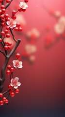 Obraz na płótnie Canvas Chinese New Year Red Background with Plum Blossom and 3D Lantern Elements