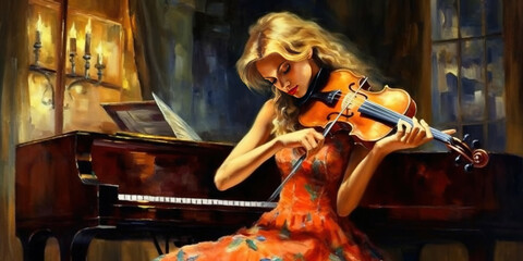 Liquid Oil Painting in Oil Mixed Style Brush Stroke of Beautiful Young Girl Play Violin Vibrant Abstract Art