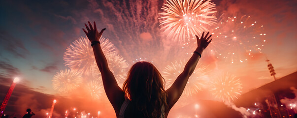 Music open air festival. Night concert with dancing and cheering audience on fireworks light background. Happy party girl with hands up celebrating evening concert - obrazy, fototapety, plakaty