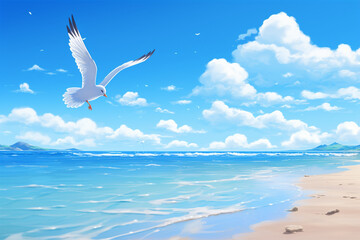 Fototapeta na wymiar anime style scenery background, a seagull on the beach