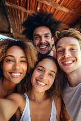 Fototapeta premium Multiracial young people taking selfie pic with smart mobile phone device - photo of happy friends smiling at camera - Life style concept with guys and girls hanging out on summer day