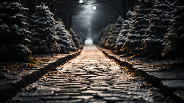 Cobblestone path - tree lined - pine tree - snow 