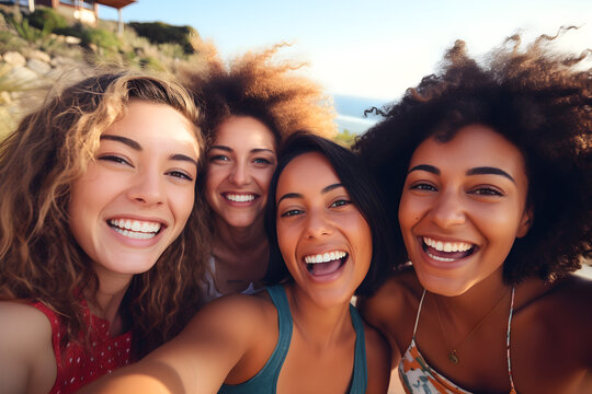 Multiracial young people taking selfie pic with smart mobile phone device - photo of happy friends smiling at camera - Life style concept with guys and girls hanging out on summer day