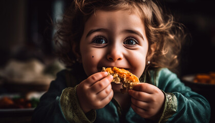 Naklejka premium Cute Caucasian girl smiling while eating chocolate cookie generated by AI