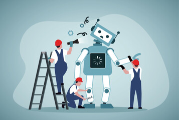 Engineering of AI technology. Maintenance team fixing robot.