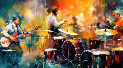 Oil Pianting Abstract Art of Musicians in a Bar Drums Bass Dancers Background