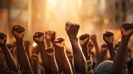 a group of people holding fists in a crowd at a protest, people holding their fists at a protest rally, Multi ethnic people raising their fists up in the air - obrazy, fototapety, plakaty