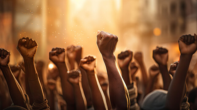 a group of people holding fists in a crowd at a protest, people holding their fists at a protest rally, Multi ethnic people raising their fists up in the air