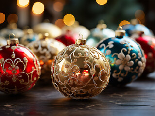 A range of different color Christmas decorations with a tree in the background