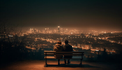 Fototapeta na wymiar Romantic couple sitting on bench, enjoying city skyline at dusk generated by AI