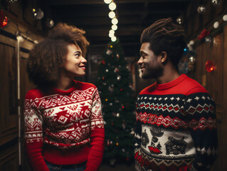An African American looking couple looking at each other in ugly holiday sweaters