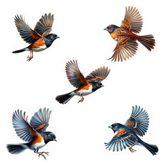 A set of male and female Eastern Towhees flying isolated on a white background