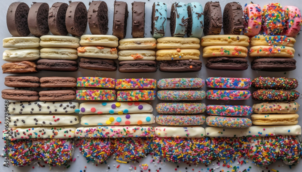 Poster multi colored gourmet cookies stacked in a large heap on table generated by ai