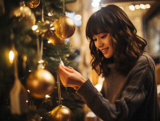 An Asian female admiring a Christmas tree