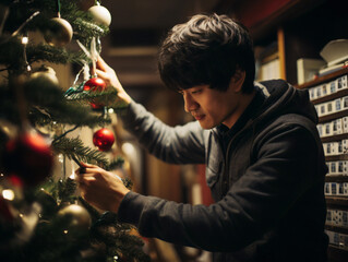An Asian male admiring a Christmas tree