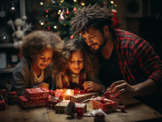 African American father with his two daughters wrapping gifts for the Holidays