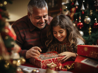 A hispanic grandfather wrapping Holiday gifts with his granddaughter
