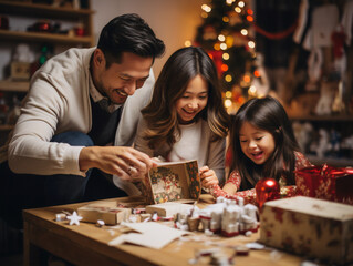 An Asian family preparing gifts for the Holidays