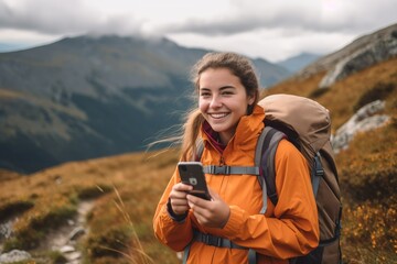 Cheerful traveling woman taking selfie on smartphone