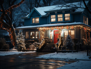 A snowy home at night lit with Holiday lights