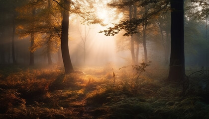 Mysterious autumn forest with fog, tranquil sunrise, and orange leaves generated by AI