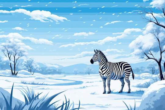 anime style scenic background, a zebra in the snow
