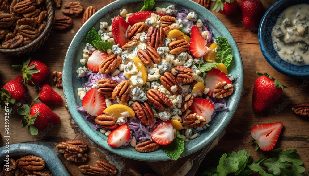 Wall mural Healthy gourmet snack bowl with fresh organic berry fruit indulgence generated by AI