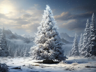 A Christmas tree with fairy lights in snowy forest