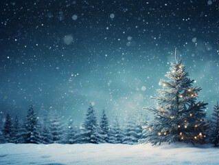 A Christmas tree with fairy lights in a snowy forest