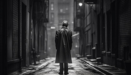 One man walking in solitude, coat and suit, cityscape background generated by AI