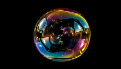 Vibrant colors illuminate the wet glass sphere in abstract design generated by AI