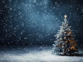 A Christmas tree on a snowy background