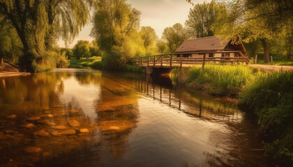 Fototapeta premium Tranquil canal reflects old architecture in rustic non urban scene generated by AI
