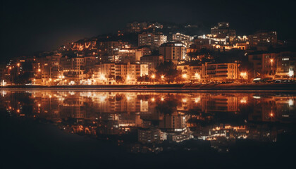 Obraz premium The illuminated city skyline reflects on the water at dusk generated by AI