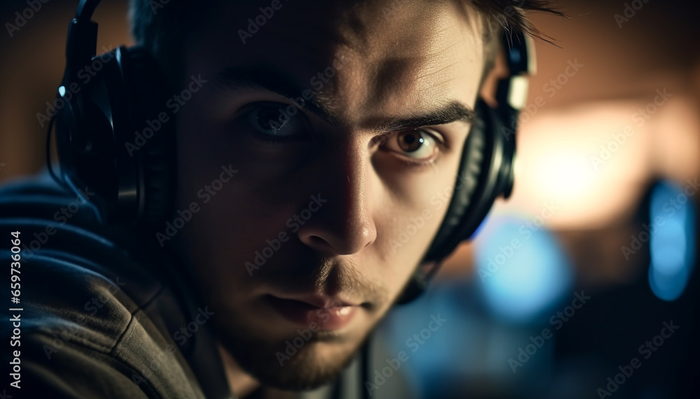 Sticker One young adult man, with headphones, enjoying music at nightclub generated by AI