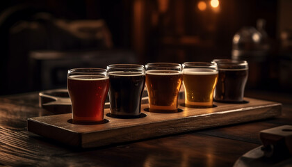 A frothy pint of stout on a dark wooden table generated by AI