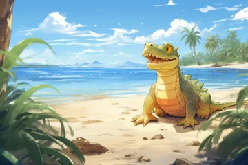 Fototapeten anime style scenery background, a crocodile on the beach © Yoshimura