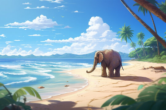 anime style scenery background, an elephant on the beach
