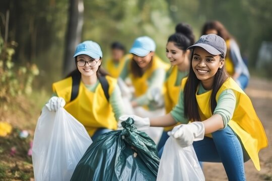 Photo of a multiethnic group of young volunteers in the process of cleaning up trash from a national park. They put the garbage into bags for removal for recycling.