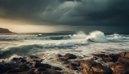 Obraz premium Dramatic sky and crashing waves awe at waters edge travel destination generated by AI