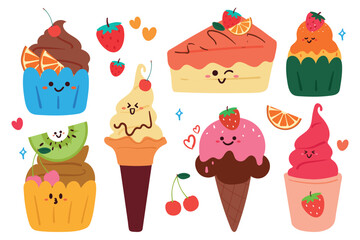 hand drawing cartoon dessert collection sticker set. cute food sticker for kids, cute icon