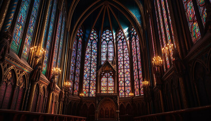 Fototapeta premium Inside the gothic cathedral, stained glass illuminates the majestic altar generated by AI