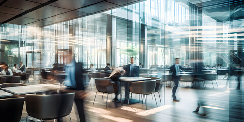Long exposure shot of meeting room interior with blurred people in motion in modern office