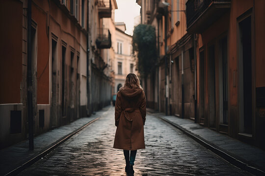 Young woman walking on the street alone