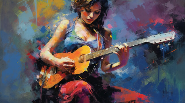 Fine Art Painting in Oil Mixed Style Brush Stroke of Beautiful Young Girl Playing a Guitar Vibrant Abstract Art © BlueMistFilmStudios