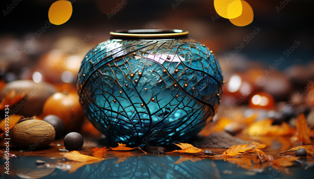 Poster autumn leaf on rustic table, illuminated by glowing lantern generated by ai