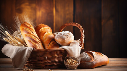 Fantastic Variety of Bread in Wicker Basket on Old Wooden Backgr - obrazy, fototapety, plakaty