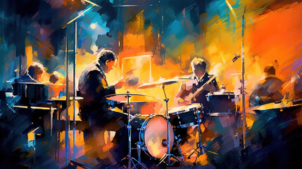 Musicians in a Bar Drums Bass Dancers Oil Pianting Abstract Art Background