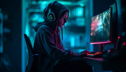 Obraz premium One programmer working indoors at night, wearing headphones and typing generated by AI